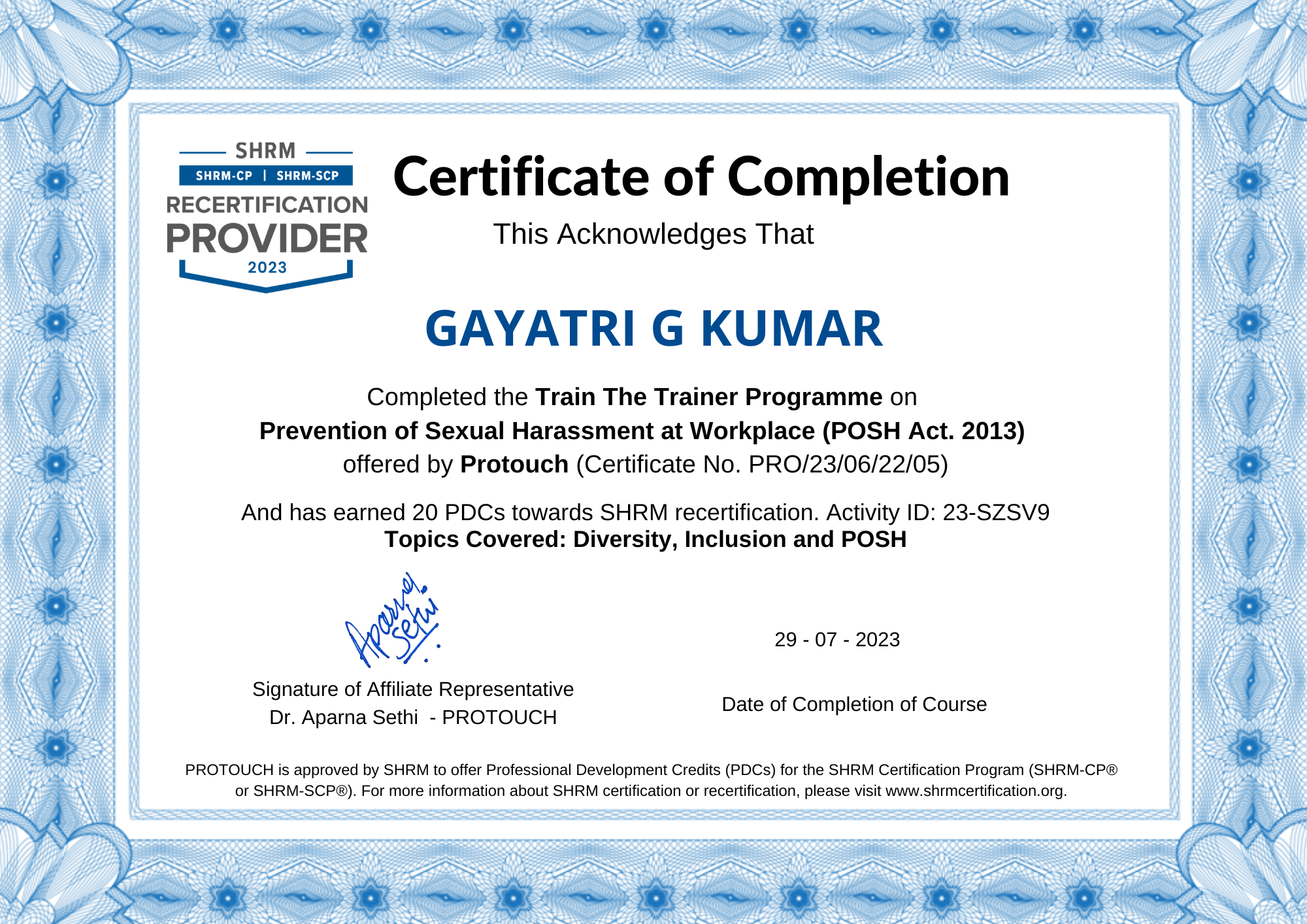 National Bar Excellence Certificate